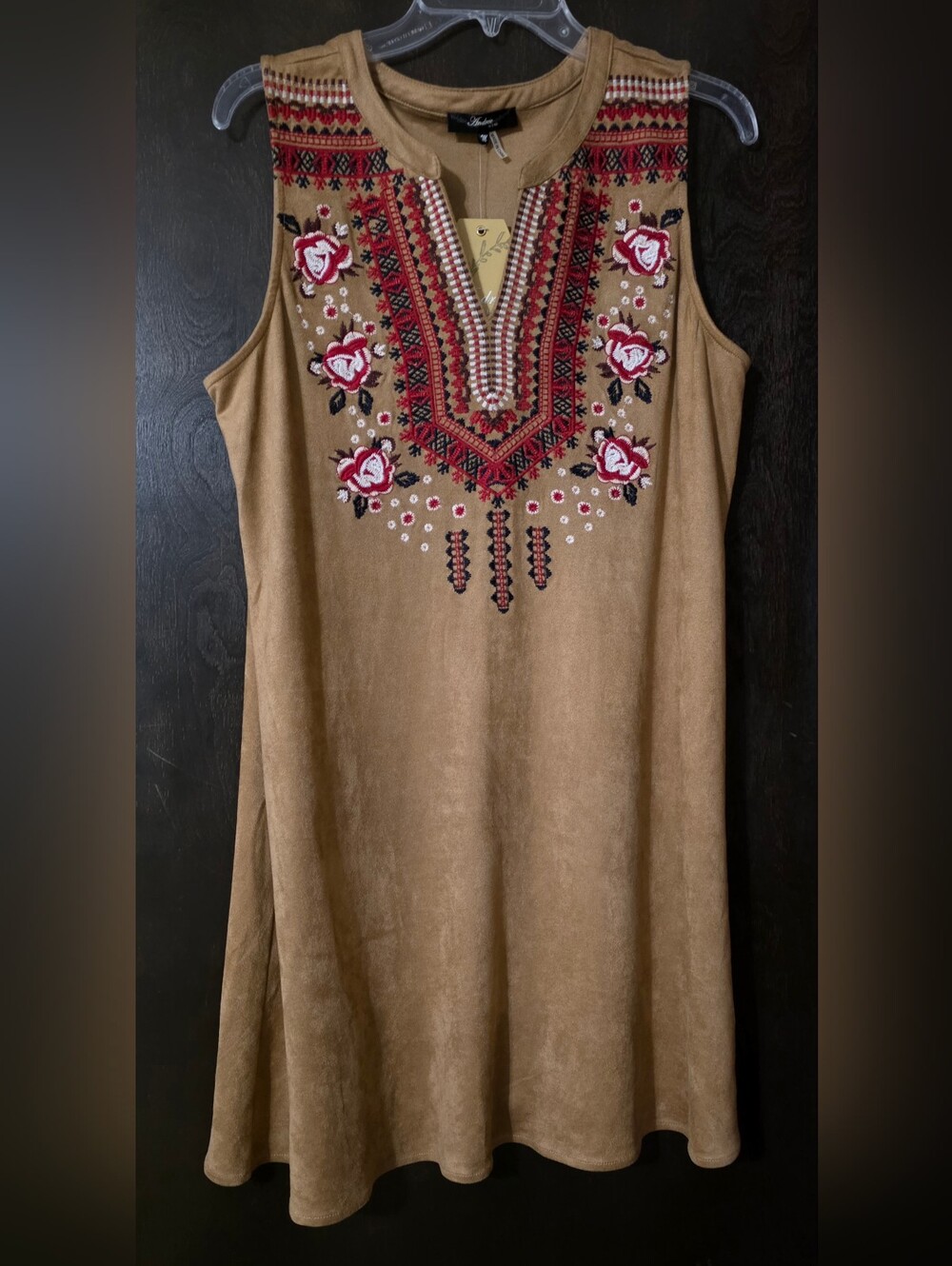 Andre By Unit Embroidered V-Neck Midi Dress Faux Suede Western Tribal Size M